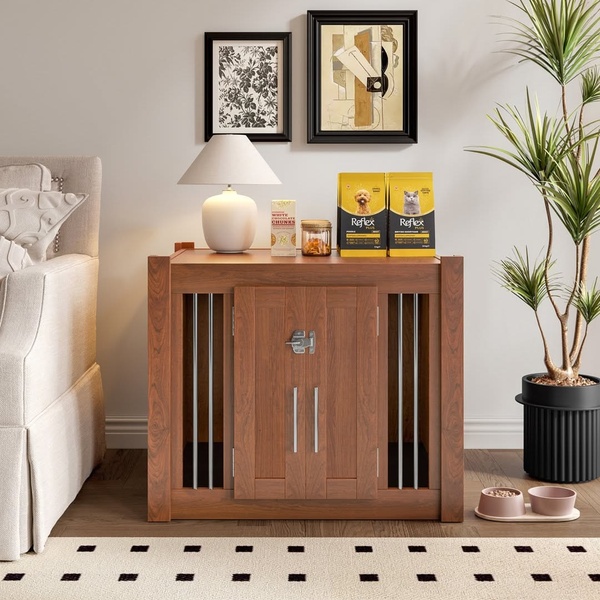dog crate furniture, wooden pet crate, dog kennel table, indoor pet crate, pet furniture, product demo, lifestyle, calm, trustworthy, brown, neutral